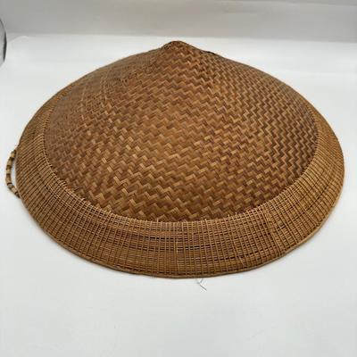 Vintage Handwoven Indonesian Conical Hat – Bamboo Wicker Rice Farmer Style with Beaded Chin Strap