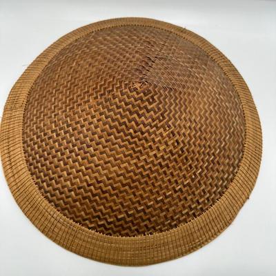 Vintage Handwoven Indonesian Conical Hat – Bamboo Wicker Rice Farmer Style with Beaded Chin Strap
