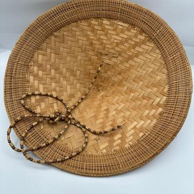 Vintage Handwoven Indonesian Conical Hat – Bamboo Wicker Rice Farmer Style with Beaded Chin Strap