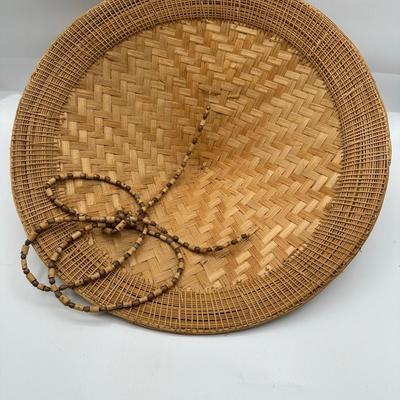 Vintage Handwoven Indonesian Conical Hat – Bamboo Wicker Rice Farmer Style with Beaded Chin Strap
