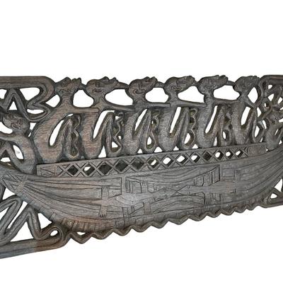 Large Indonesian Hand-Carved Wooden Canoe Relief