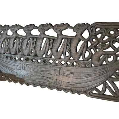 Large Indonesian Hand-Carved Wooden Canoe Relief