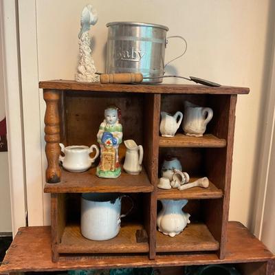 K1241 Doll Shelf and Advertisement Box with Miscellaneous Items