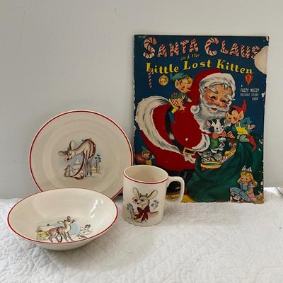 UBA1310 Set of Three Rudolph Children's China Set with Antique Santa Book