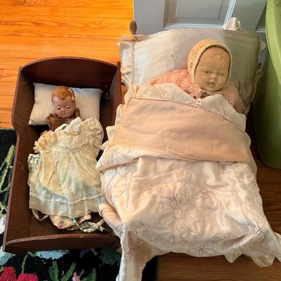 UBB1333 Two Vintage Dolls with Doll Cradles and Victorian Blanket