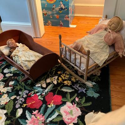 UBB1333 Two Vintage Dolls with Doll Cradles and Victorian Blanket