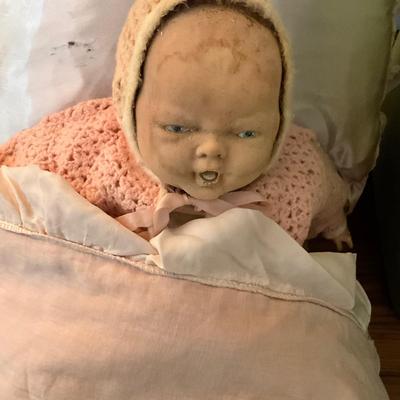 UBB1333 Two Vintage Dolls with Doll Cradles and Victorian Blanket