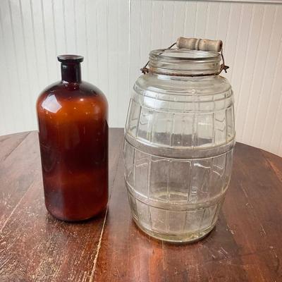 DR1410 Large Glass Barrel Jar with Brown Apothecary Bottle