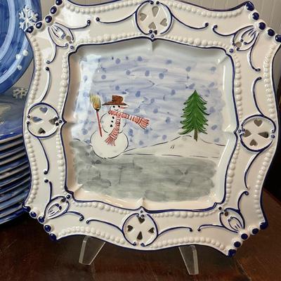 1421 Hand-painted Christmas Snow Couple and Snowman Platters