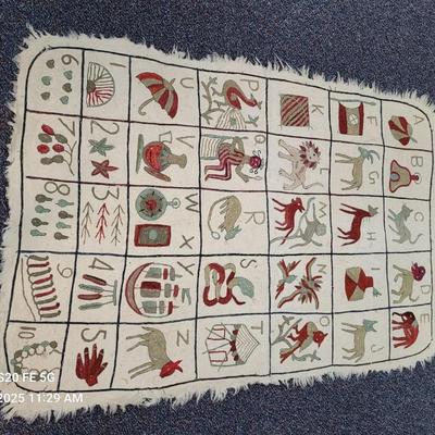 Vtg Kashmir Handmade Wool Embroidered Alphabet Animal Wall Hanging