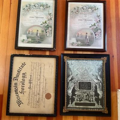 DR1436 Four Antique Framed Marriage Certificates Ephemera