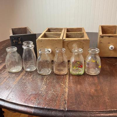 DR1439 Antique Drawers with Vintage Small Dairy Bottles