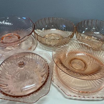 Tote of Pink Depression glass