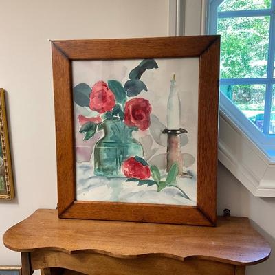 L1458 Original Rose Watercolor with Pine Shelf