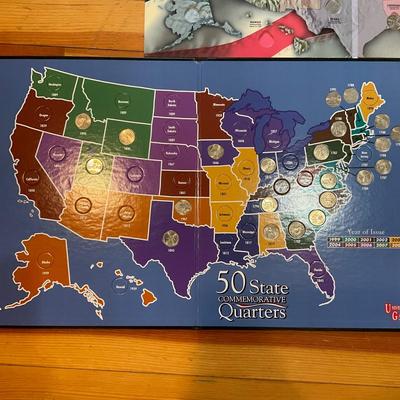 D1466 Three 50 States Quarters Collectors Map with Framed Kennedy Half Dollar