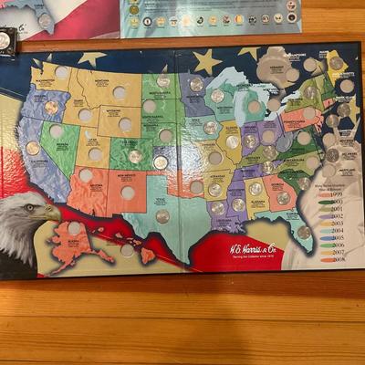 D1466 Three 50 States Quarters Collectors Map with Framed Kennedy Half Dollar