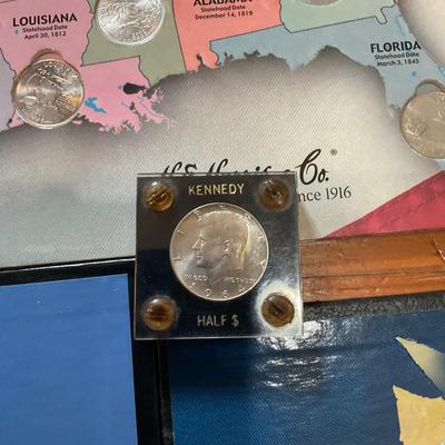 D1466 Three 50 States Quarters Collectors Map with Framed Kennedy Half Dollar