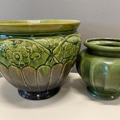 Green pottery plant pots