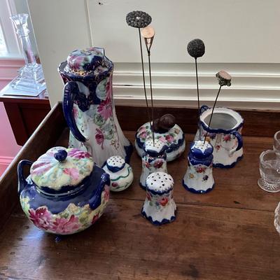 UBB1453 Lot of Blue Nippon Porcelain Set with Hair Pins