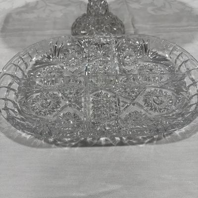 One heavy and beautiful lidded and footed crystal dish and one tray