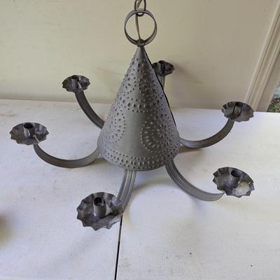 Vintage Electric Punched Tin Witch's Hat 6 Arm Candle Chandelier (G)