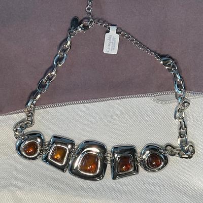 New Lia Sophia Silver NK w/Tigers Eye Stones from the Kiam Family Collection 16” w/3” chain