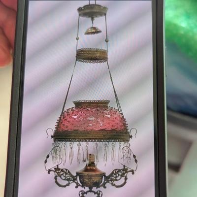 Victorian Antique Style Electric Hanging Lamp With Cranberry Hobnail Lampshade Chandelier (G)