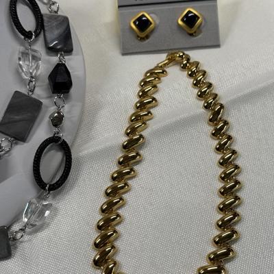 New Lia Sophia Black/Clear Beaded Necklace 40”, Premier Gold 16” NK, Kasper Clip Earrings