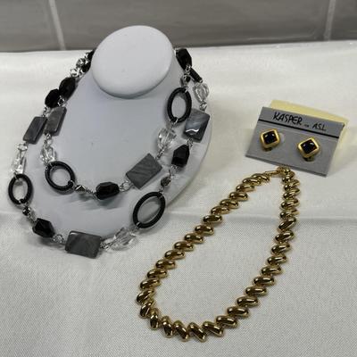 New Lia Sophia Black/Clear Beaded Necklace 40”, Premier Gold 16” NK, Kasper Clip Earrings