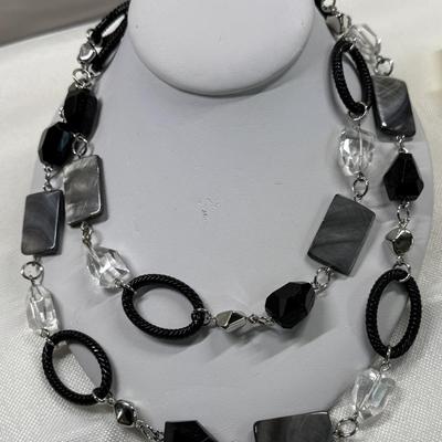 New Lia Sophia Black/Clear Beaded Necklace 40”, Premier Gold 16” NK, Kasper Clip Earrings