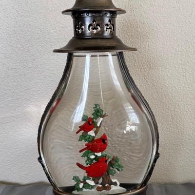 SnowGlobe Lantern with Cardinals 16”H, used one season