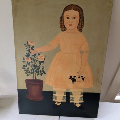 Samuel Miller American Folk Art Painting Young Girl With Flowers (G)
