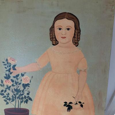 Samuel Miller American Folk Art Painting Young Girl With Flowers (G)
