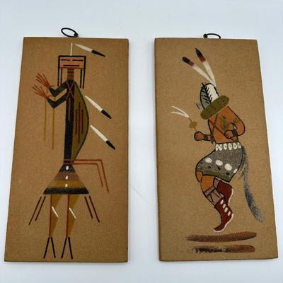 Pair of Vintage Indonesian Sand Art Panels – Tribal Dancer & Shaman Wall Decor