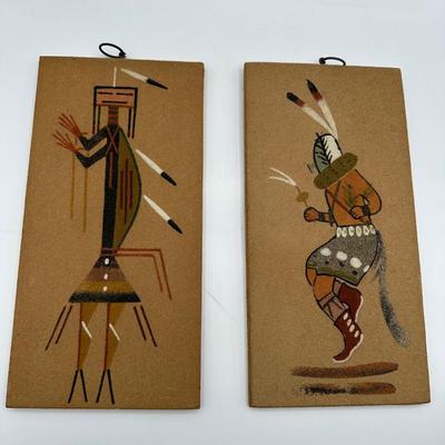 Pair of Vintage Indonesian Sand Art Panels – Tribal Dancer & Shaman Wall Decor