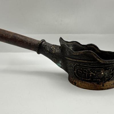 Indonesian Bronze Ritual Ladle with Carved Handle