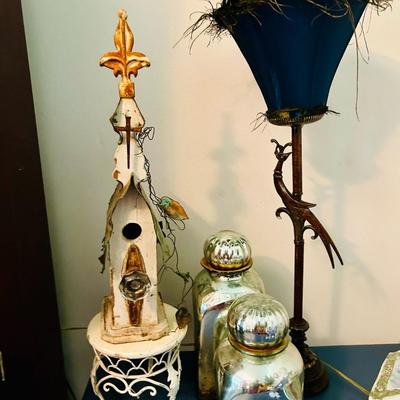 Birdhouse and Peacock Lamp Lot