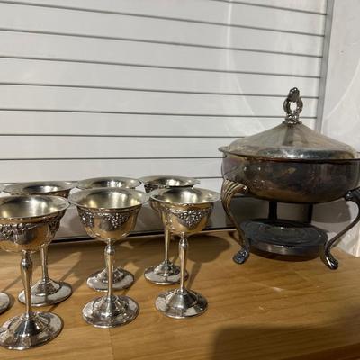 Silver plated wine goblets and serving dish