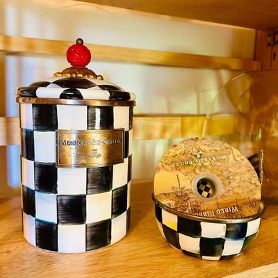 Mackenzie Childs sugar canister with bowl and ribbon Lot 1