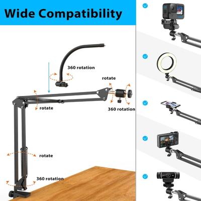 Overhead Camera Mount w/Ring Light Flexible Articulating Phone Arm Stand Video Recording