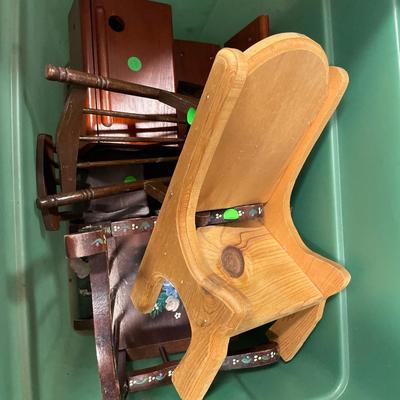Green tote of doll furniture