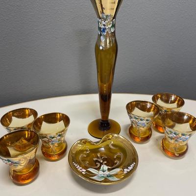 Amber glass with hand painted flowers