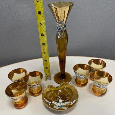 Amber glass with hand painted flowers