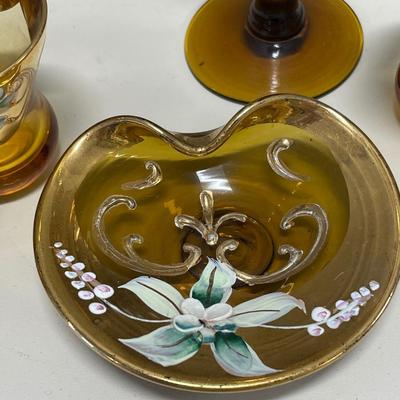 Amber glass with hand painted flowers