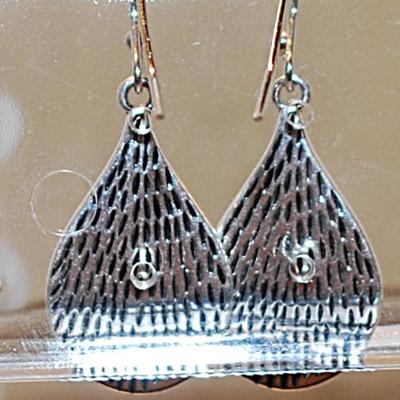 Silver Tone Earrings Set with Embossed Branches & Twigs and Wire Hook Clasp