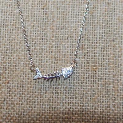 Very Small Boned Fish PENDANT (¾" x ¼") on a Silver Marked .925 Necklace Chain 15" L