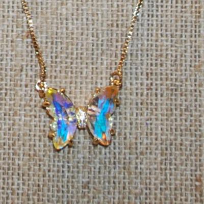 Iridescent Yellow/Blue Butterfly PENDANT (¾" x ¾") on a Gold Tone Necklace Chain 18" L