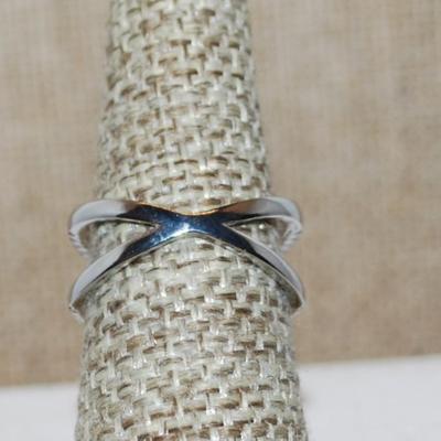 Size 7 Half Infinity Style Criss-Cross Ring with 2 Rows of Small Stones on a Silver Tone Band (2.8g)