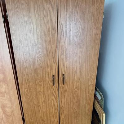 Storage cabinet with wood pulls
