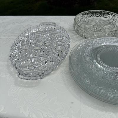 Lot of gorgeous crystal and glass platters, bowls, plates and little pitcher